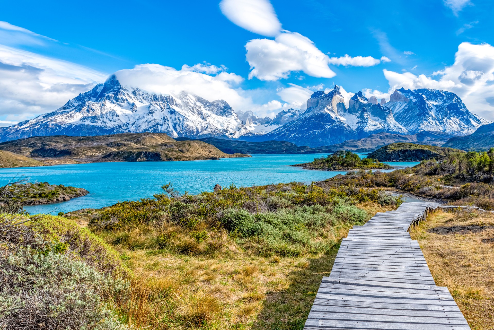 Pehoe Lake and Cuernos Peaks in the Morning, Torres del Paine National Park, Chile